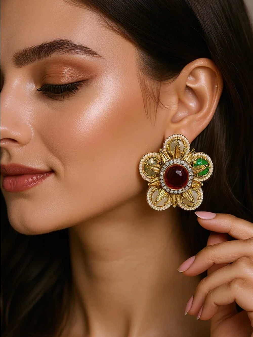 Gold Floral Statement Earrings with Green and Brown Accents